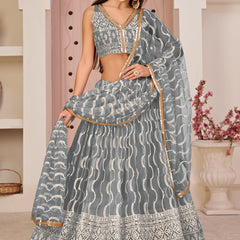 Grey Butterfly Net Embroidery Thread Designer Lehenga