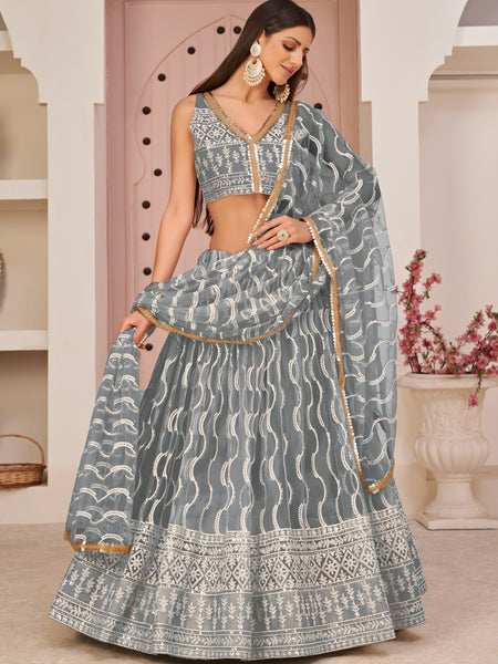 Grey Butterfly Net Embroidery Thread Designer Lehenga