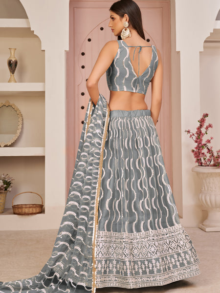 Grey Butterfly Net Embroidery Thread Designer Lehenga