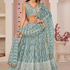 Ocean Blue Butterfly Net Embroidery Thread Designer Lehenga
