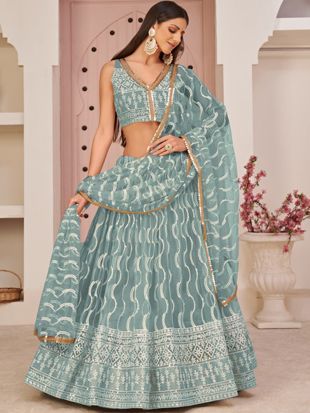 Ocean Blue Butterfly Net Embroidery Thread Designer Lehenga
