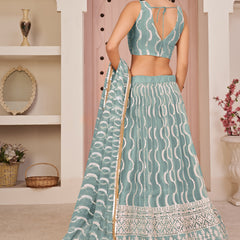 Ocean Blue Butterfly Net Embroidery Thread Designer Lehenga