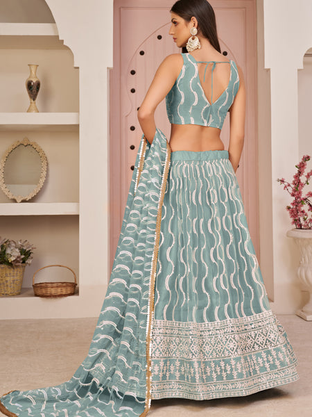 Ocean Blue Butterfly Net Embroidery Thread Designer Lehenga
