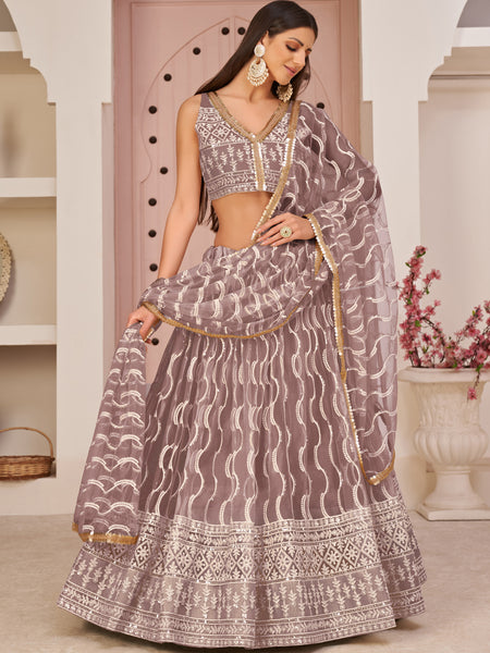 Onion Pink Butterfly Net Embroidery Thread Designer Lehenga