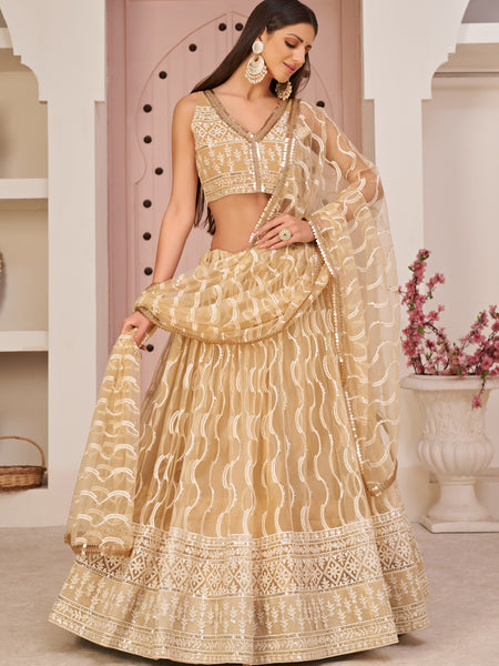 Beige Butterfly Net Embroidery Thread Designer Lehenga