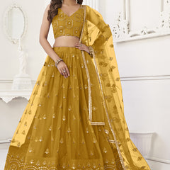 Yellow Butterfly Net Embroidery Thread Designer Lehenga