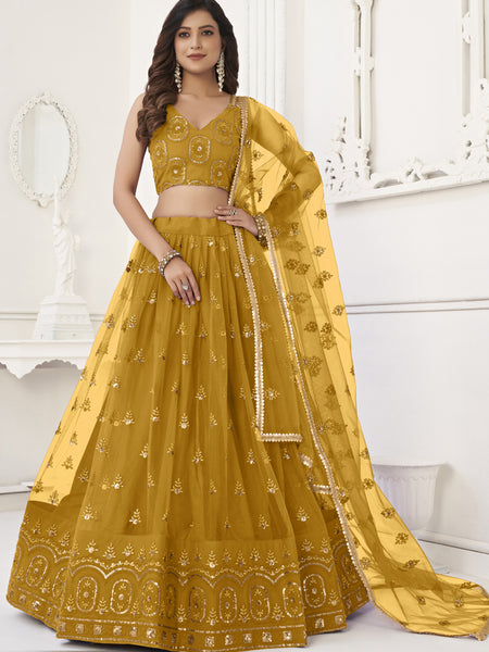 Yellow Butterfly Net Embroidery Thread Designer Lehenga