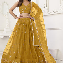 Yellow Butterfly Net Embroidery Thread Designer Lehenga