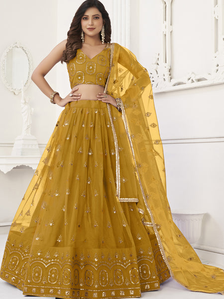 Yellow Butterfly Net Embroidery Thread Designer Lehenga