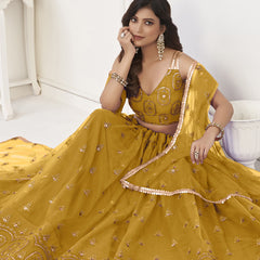 Yellow Butterfly Net Embroidery Thread Designer Lehenga