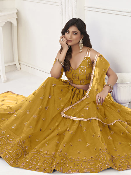 Yellow Butterfly Net Embroidery Thread Designer Lehenga