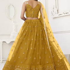 Yellow Butterfly Net Embroidery Thread Designer Lehenga