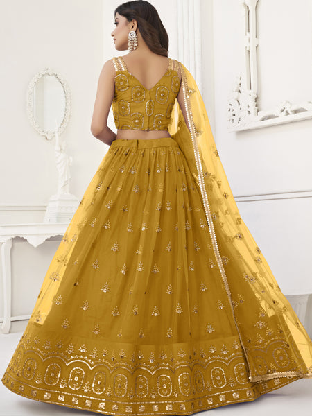 Yellow Butterfly Net Embroidery Thread Designer Lehenga