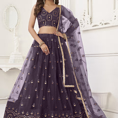 Wine Butterfly Net Embroidery Thread Designer Lehenga