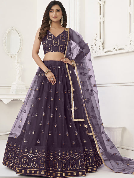 Wine Butterfly Net Embroidery Thread Designer Lehenga