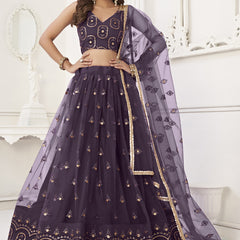 Wine Butterfly Net Embroidery Thread Designer Lehenga