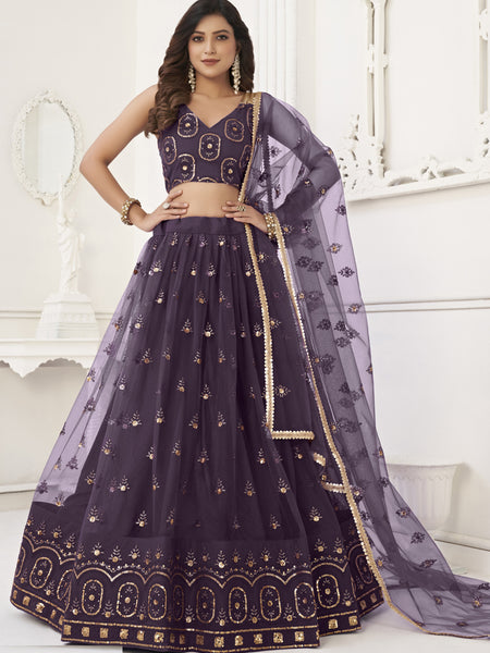 Wine Butterfly Net Embroidery Thread Designer Lehenga