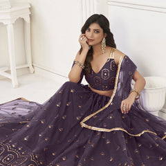 Wine Butterfly Net Embroidery Thread Designer Lehenga