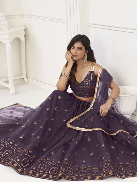 Wine Butterfly Net Embroidery Thread Designer Lehenga