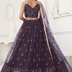 Wine Butterfly Net Embroidery Thread Designer Lehenga