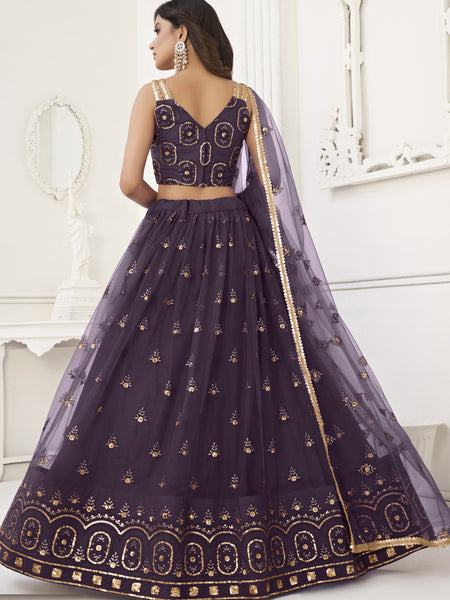 Wine Butterfly Net Embroidery Thread Designer Lehenga