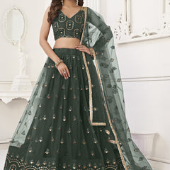 Green Butterfly Net Embroidery Thread Designer Lehenga