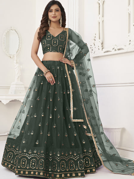 Green Butterfly Net Embroidery Thread Designer Lehenga