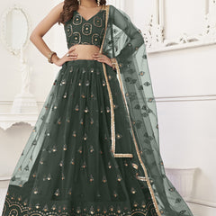 Green Butterfly Net Embroidery Thread Designer Lehenga