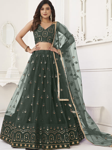 Green Butterfly Net Embroidery Thread Designer Lehenga