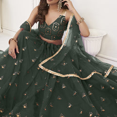 Green Butterfly Net Embroidery Thread Designer Lehenga
