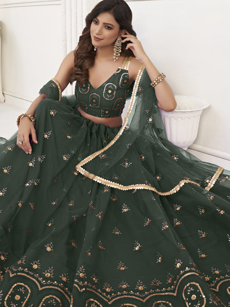Green Butterfly Net Embroidery Thread Designer Lehenga