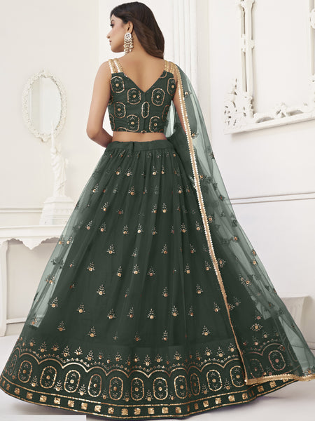 Green Butterfly Net Embroidery Thread Designer Lehenga