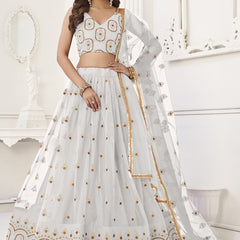White Butterfly Net Embroidery Thread Designer Lehenga