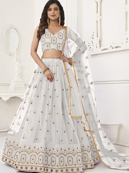 White Butterfly Net Embroidery Thread Designer Lehenga