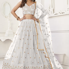 White Butterfly Net Embroidery Thread Designer Lehenga