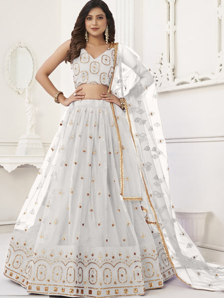 White Butterfly Net Embroidery Thread Designer Lehenga