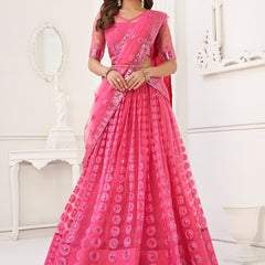 Pink Butterfly Net Embroidery Thread Designer Lehenga