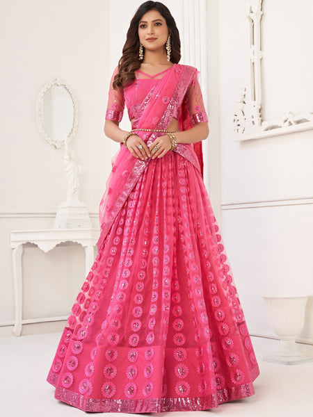 Pink Butterfly Net Embroidery Thread Designer Lehenga