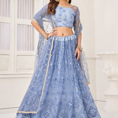 Sky Blue Butterfly Net Embroidery Thread Designer Lehenga