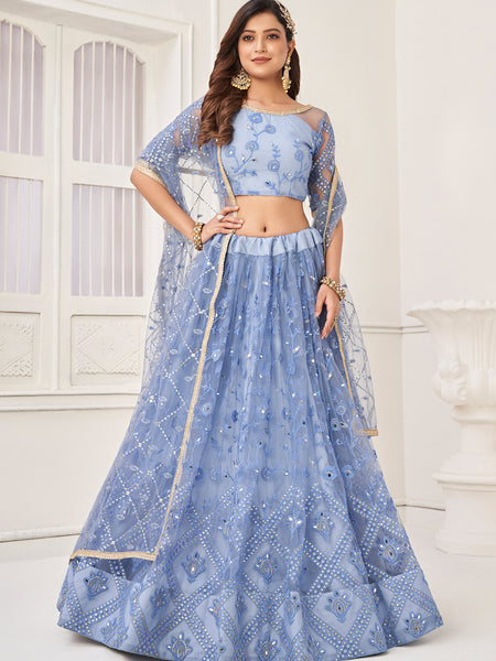 Sky Blue Butterfly Net Embroidery Thread Designer Lehenga