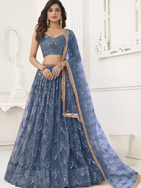Light Blue Butterfly Net Embroidery Sequins Designer Lehenga