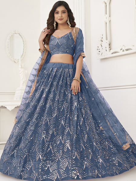 Light Blue Butterfly Net Embroidery Sequins Designer Lehenga