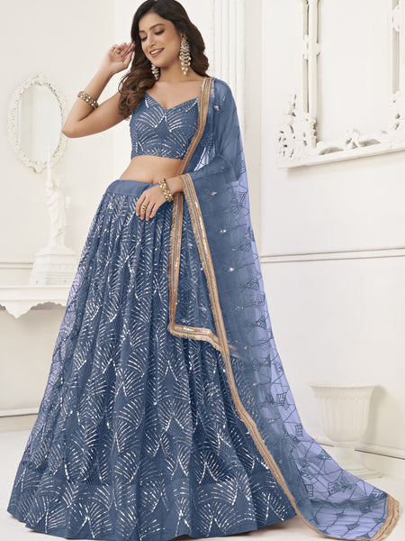 Light Blue Butterfly Net Embroidery Sequins Designer Lehenga