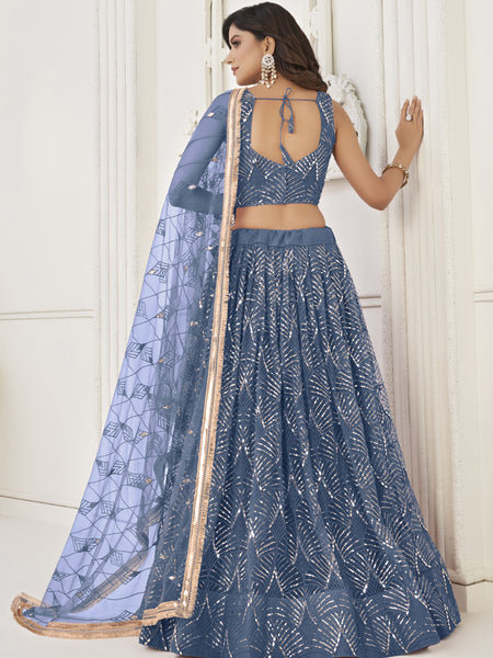Light Blue Butterfly Net Embroidery Sequins Designer Lehenga