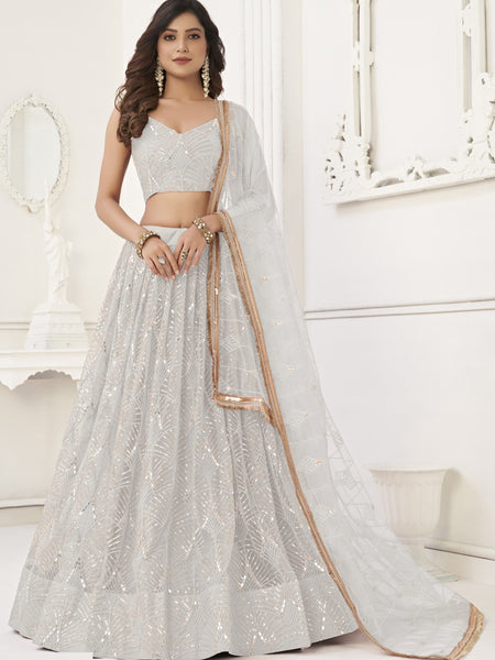 Off White Butterfly Net Embroidery Sequins Designer Lehenga