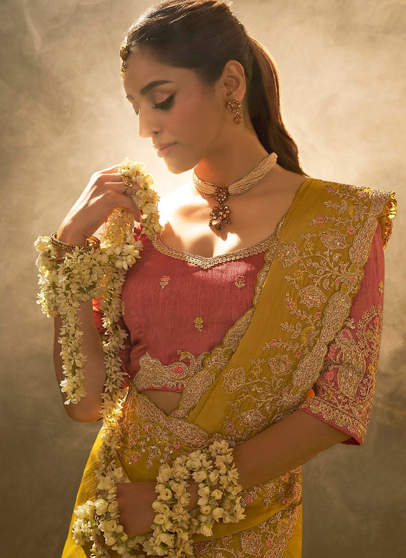 Yellow Silk Embroidered Designer Saree