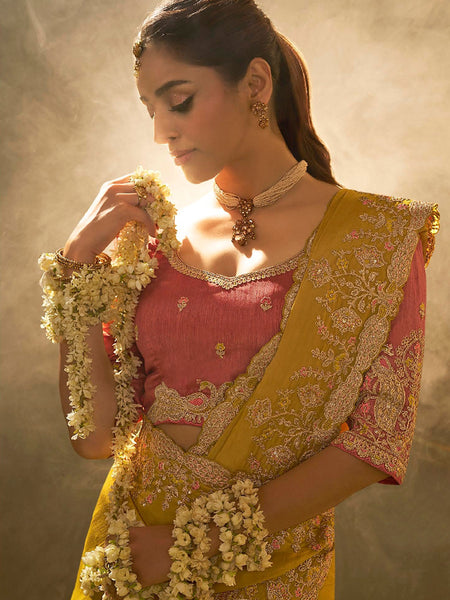Yellow Silk Embroidered Designer Saree