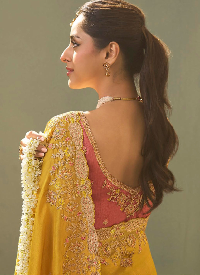 Yellow Silk Embroidered Designer Saree