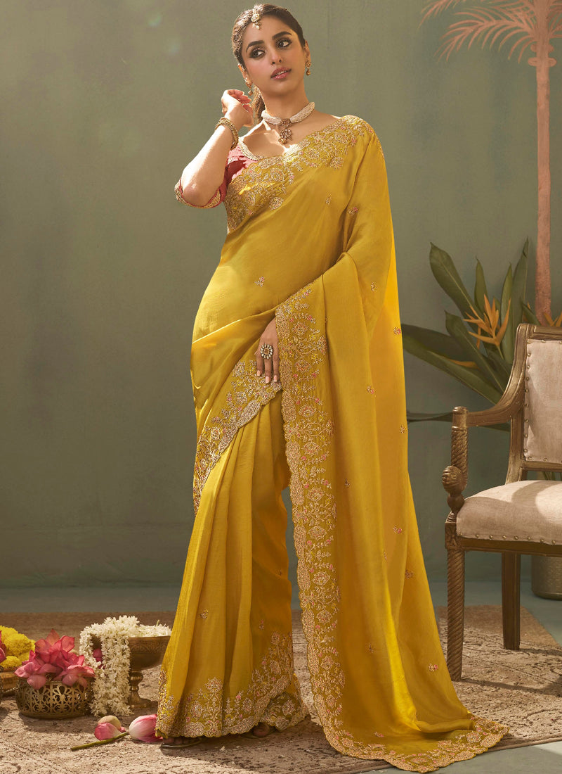 Yellow Silk Embroidered Designer Saree