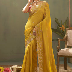 Yellow Silk Embroidered Designer Saree